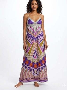 LILKO 100% Silk Printed Maxi Dress in Purple, Orange & Grey